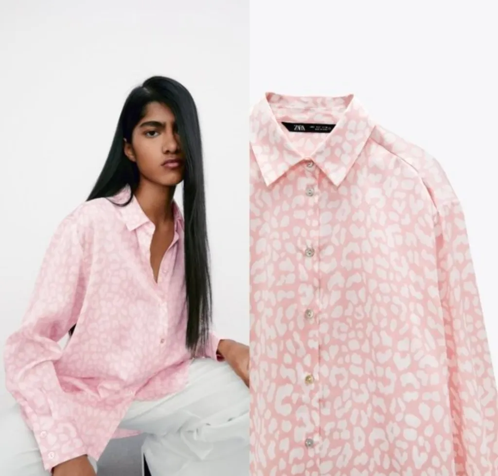 Zara Light Pink Patterned Satin Effect Blouse Size S - Image 4