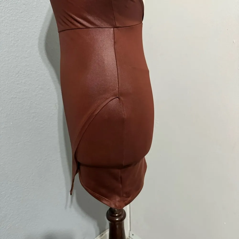 SHEIN Rust Brown Asymmetrical Hem Open Back PU leather Bodycon Party Dress Sz XS - Image 6