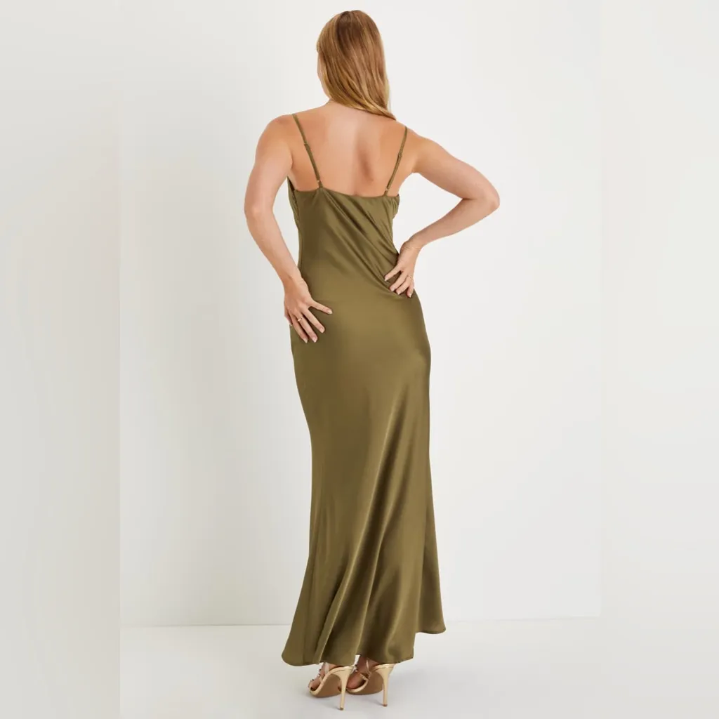 Lulu’s Sophisticated Approach Olive Green Satin Cowl Slip Maxi Dress Size M - Image 4