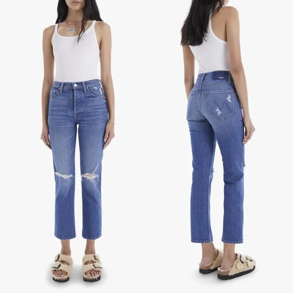 MOTHER The Tomcat Distressed Crop Jeans in Playing with Scissors Blue Size 26 - Image 2