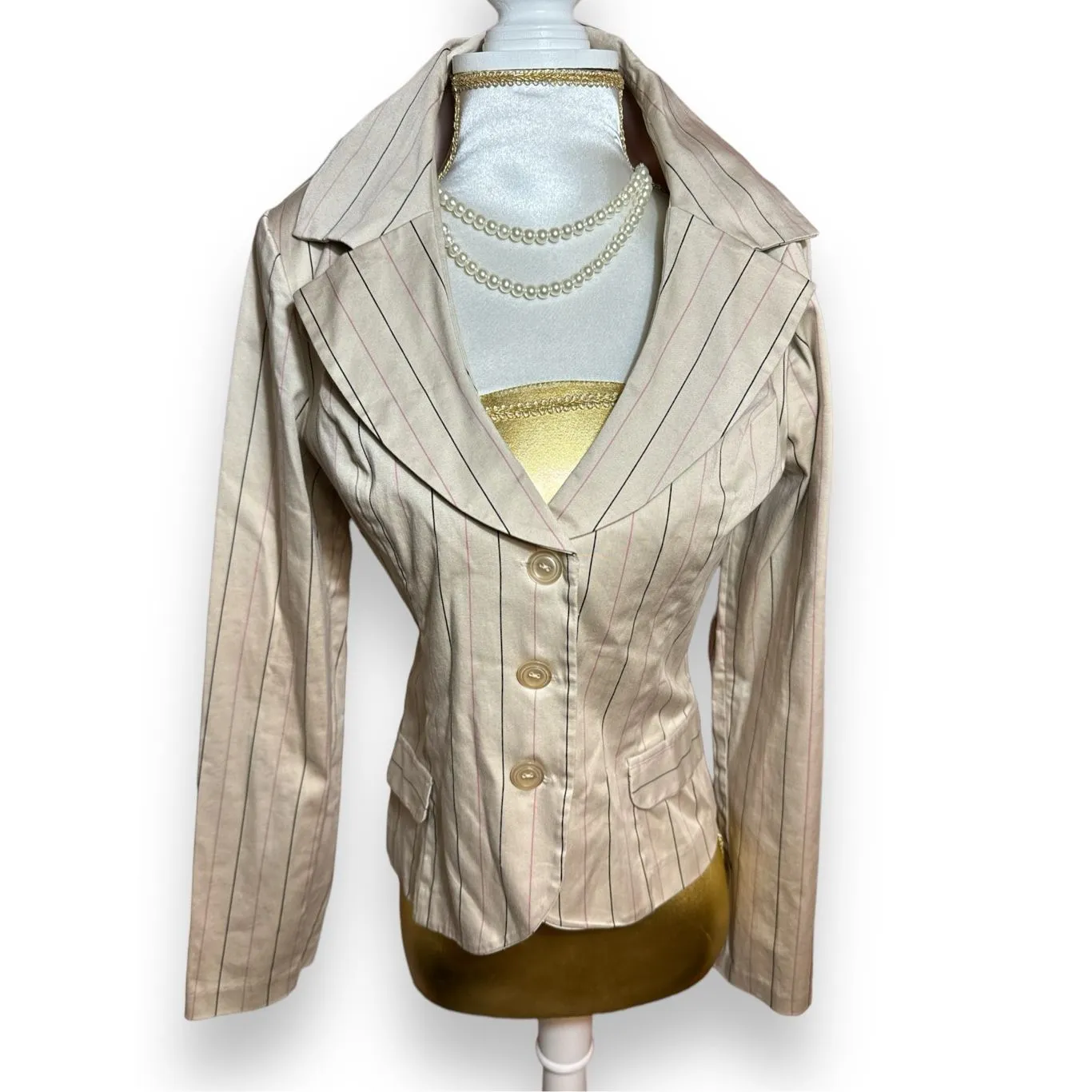 Vintage Y2K IZ BYER Womens sz L White Pink Pinstripe Button Blazer Mob Wife Work Size L - Image 2