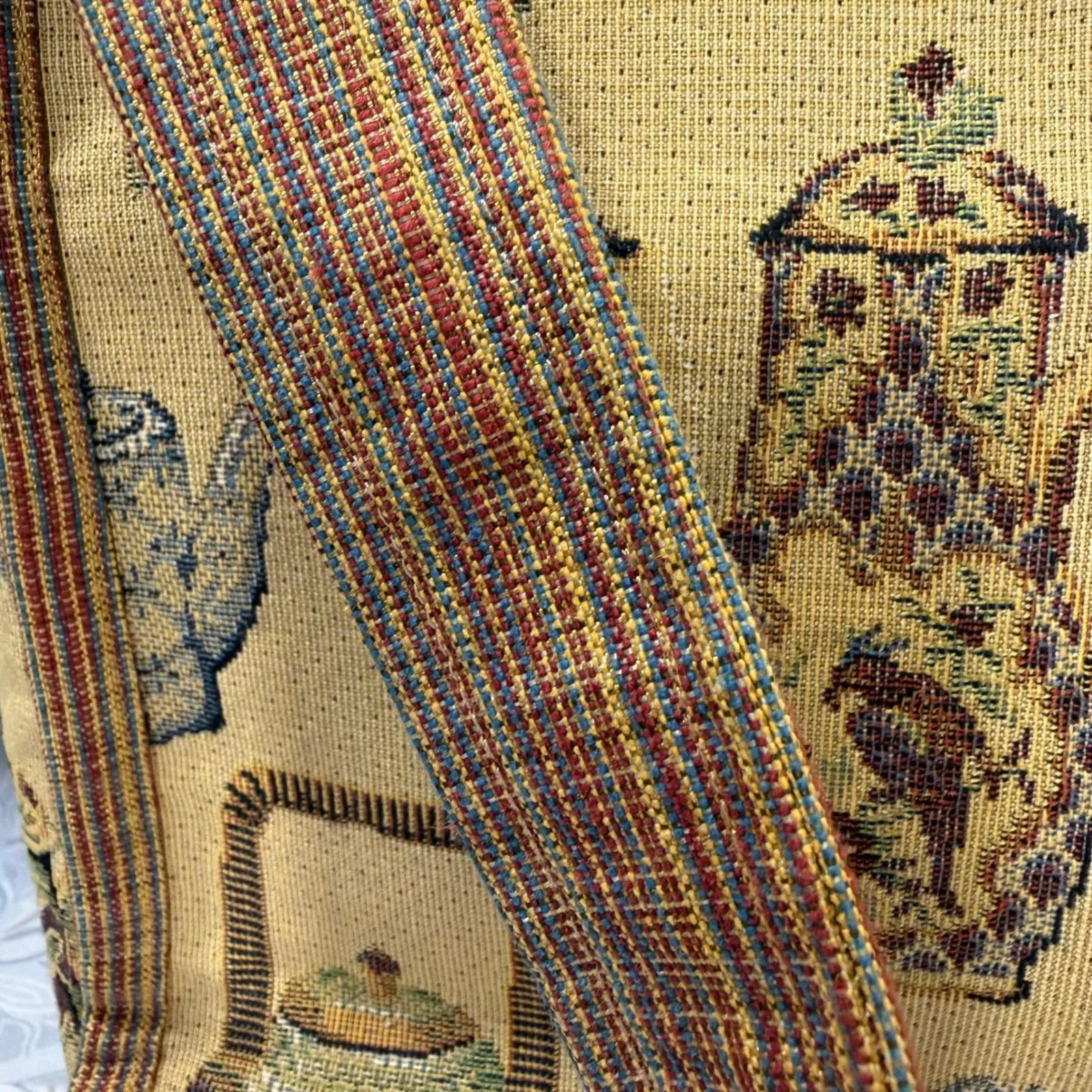 Handmade Vintage Tapestry Tote Bag Teapot Motif Fabric Gold Purse w Tassel - Image 4