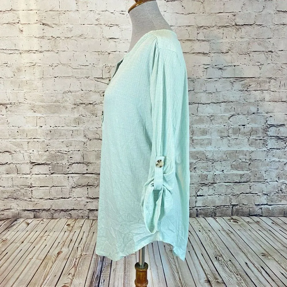 Como Vintage Womens Blouse Top Roll Tab Sleeve Button Stretch Mint Green Size XL - Image 3