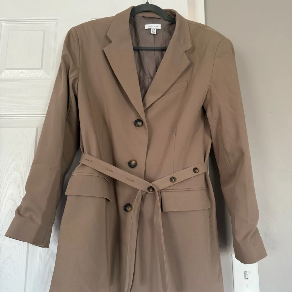Topshop Taupe Brown Long Blazer Coat Tie Wrap Button Autumn Fall Business - Image 6