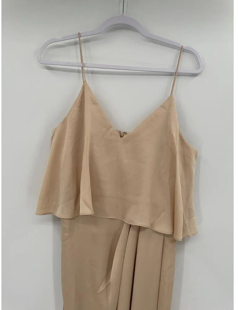 Shona Joy Luxe Cocktail Frill Tulip Hem V-Neck Satin Champagne Dress Size 8 NWT - Image 3