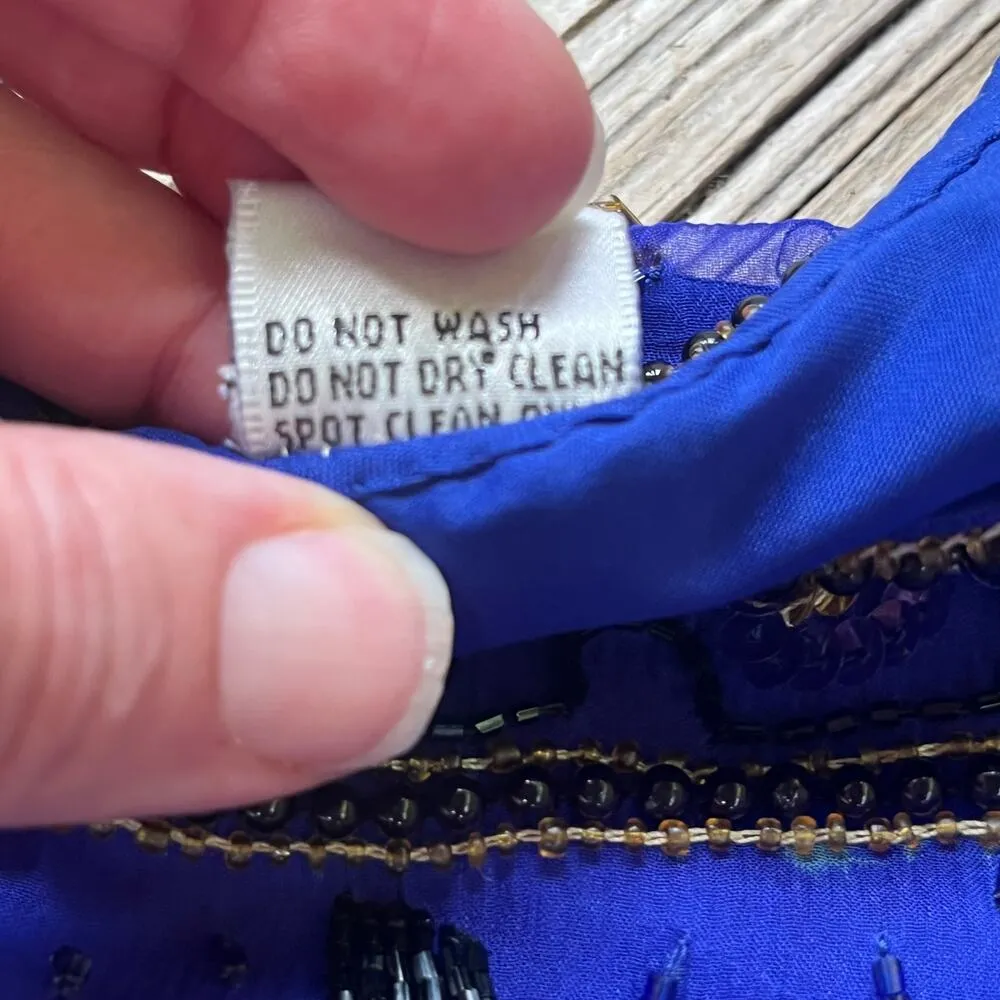 Laurence Kazar Vintage Royal Blue Beaded 100% Silk Evening Blouse Size M - Image 9