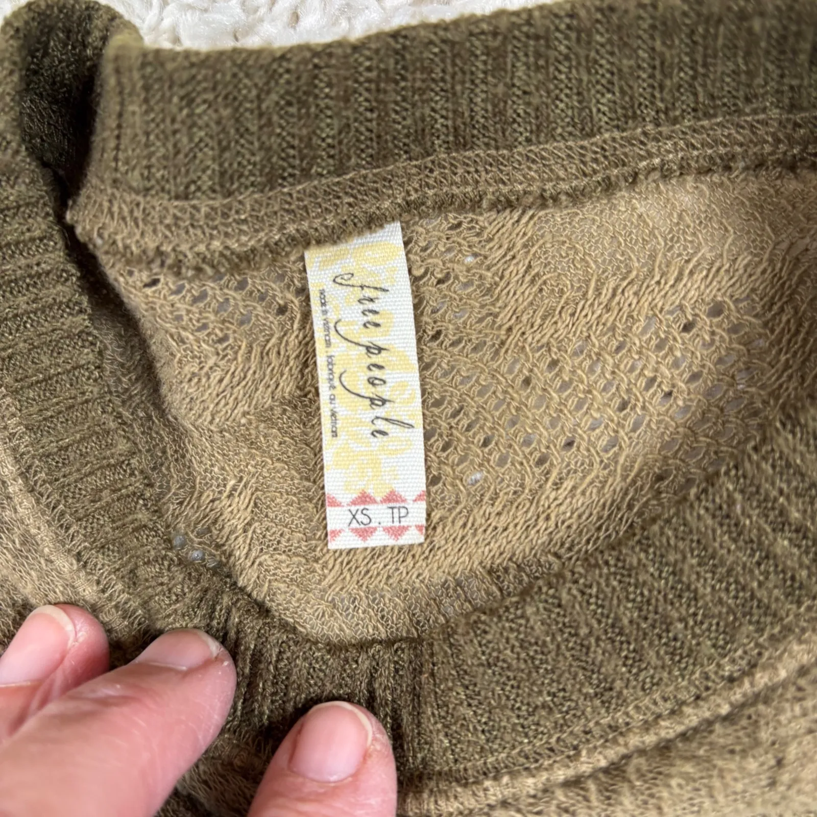 Free People Olive Green Crochet Knit Zig Zag Detail Sweater Top XS - Image 6