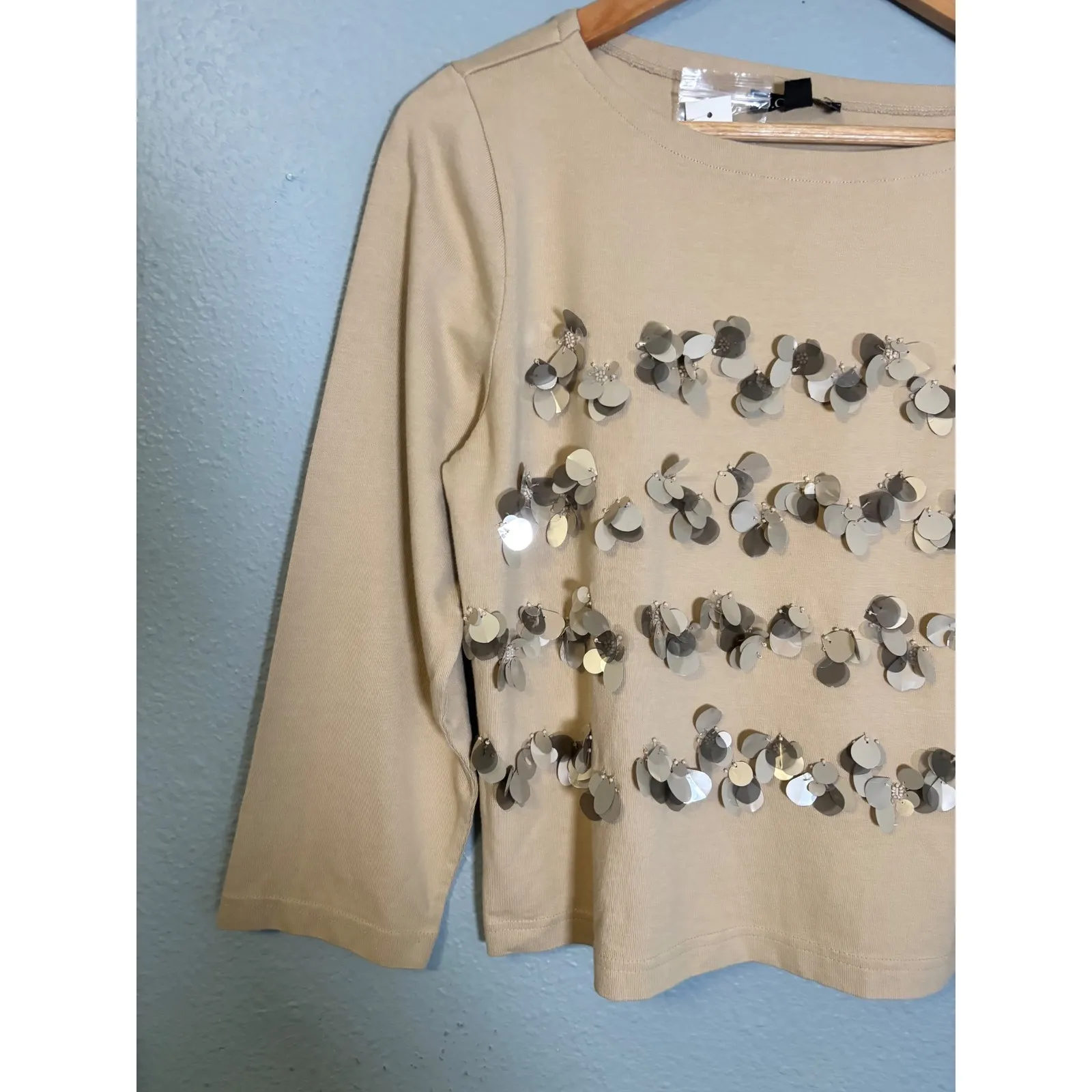 NWT J.‎ Crew Mariner Jersey Long Sleeve T Shirt Floral Embellishment Light Khaki - Image 5