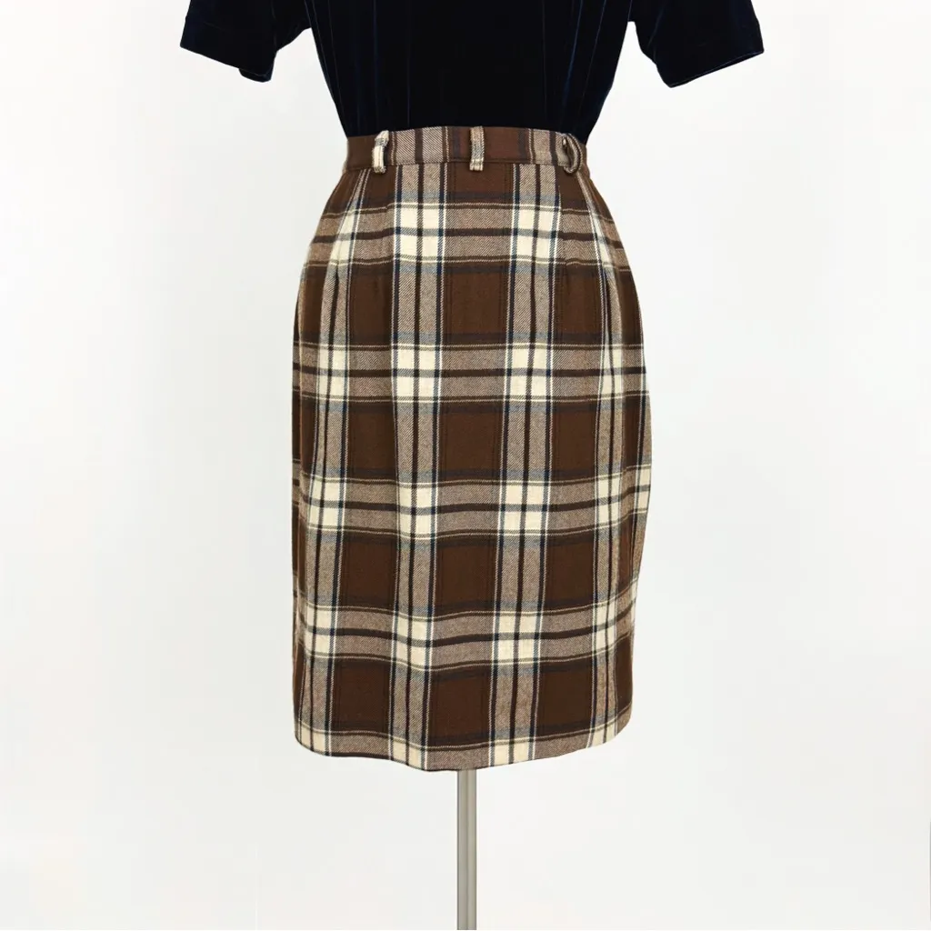 Vintage 90’s Pure Wool Plaid Wrap Pencil Skirt in Brown | Size S - Image 4