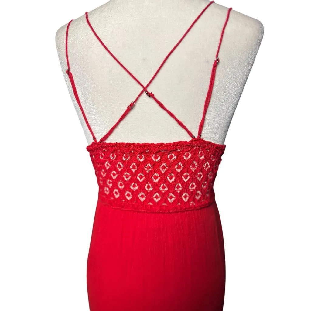 NEW Free People Size S Adella Maxi Slip Dress Sleeveless Boho Crochet Lace Red - Image 5