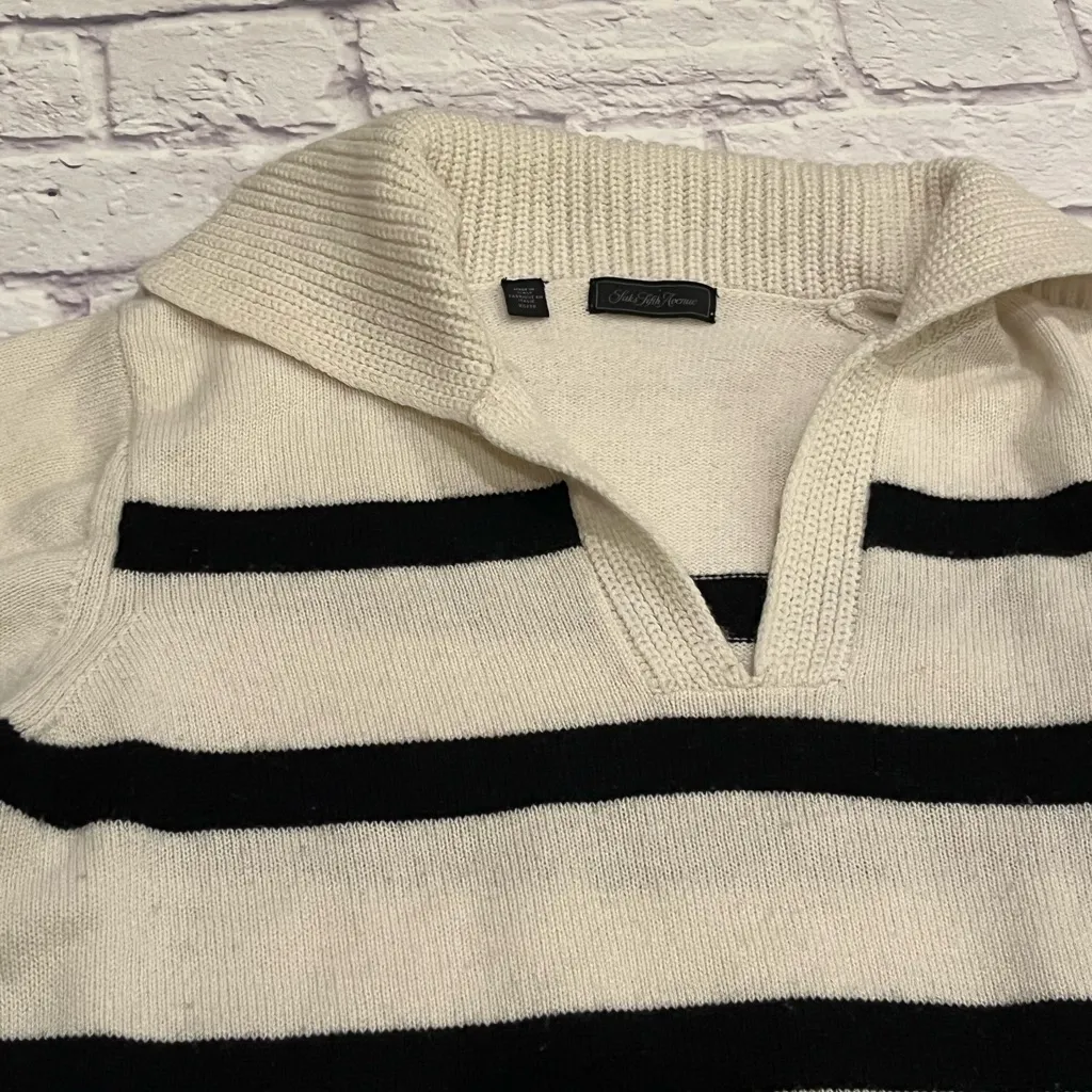 Saks Fifth Avenue cashmere wool Black and Cream V-Neck knit Sweater boxy XS - Image 7