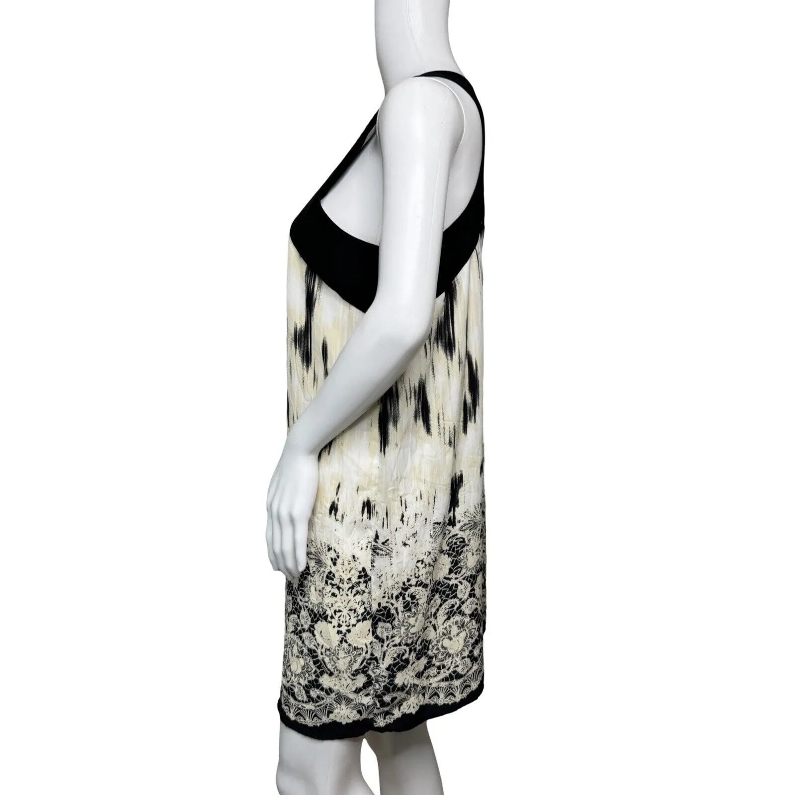 Silence Noise Dress Women Medium Cream Black Scarf Print Shift Mini Casual Party - Image 3