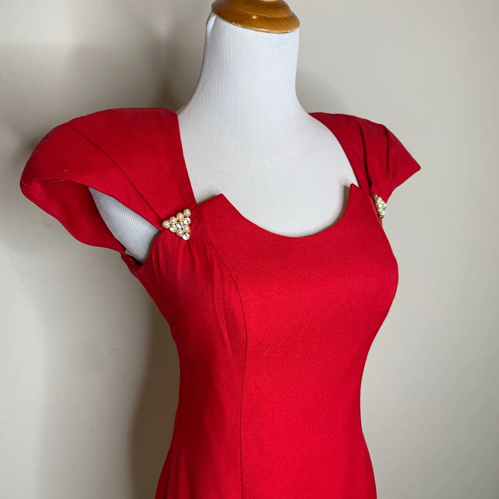 Vintage 80s Red Sexy Cutouts Sheath Dress Sz 2 Rhinestone Details - Image 5