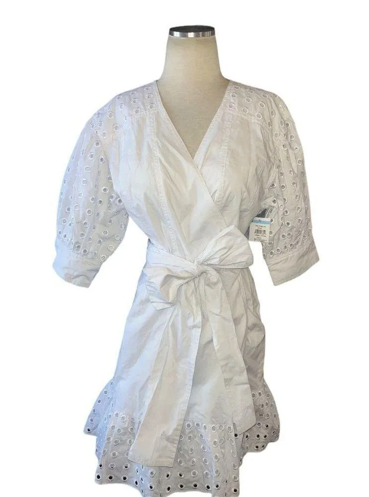 Tanya Taylor Gina Eyelet Trim Wrap Dress in Optic White 8 New Womens - Image 4