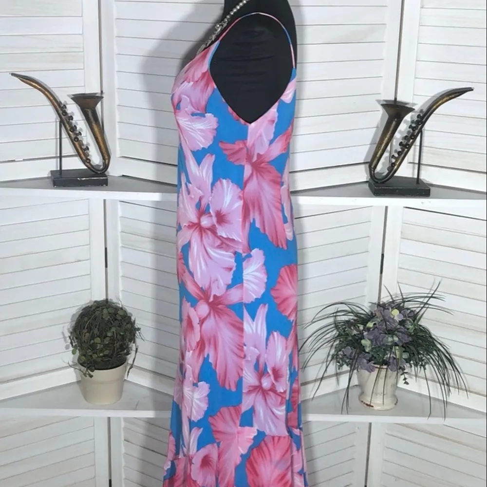 Vintage Y2K Midi Sundress Tropical Floral Print Teal Pink Size Medium - Image 4