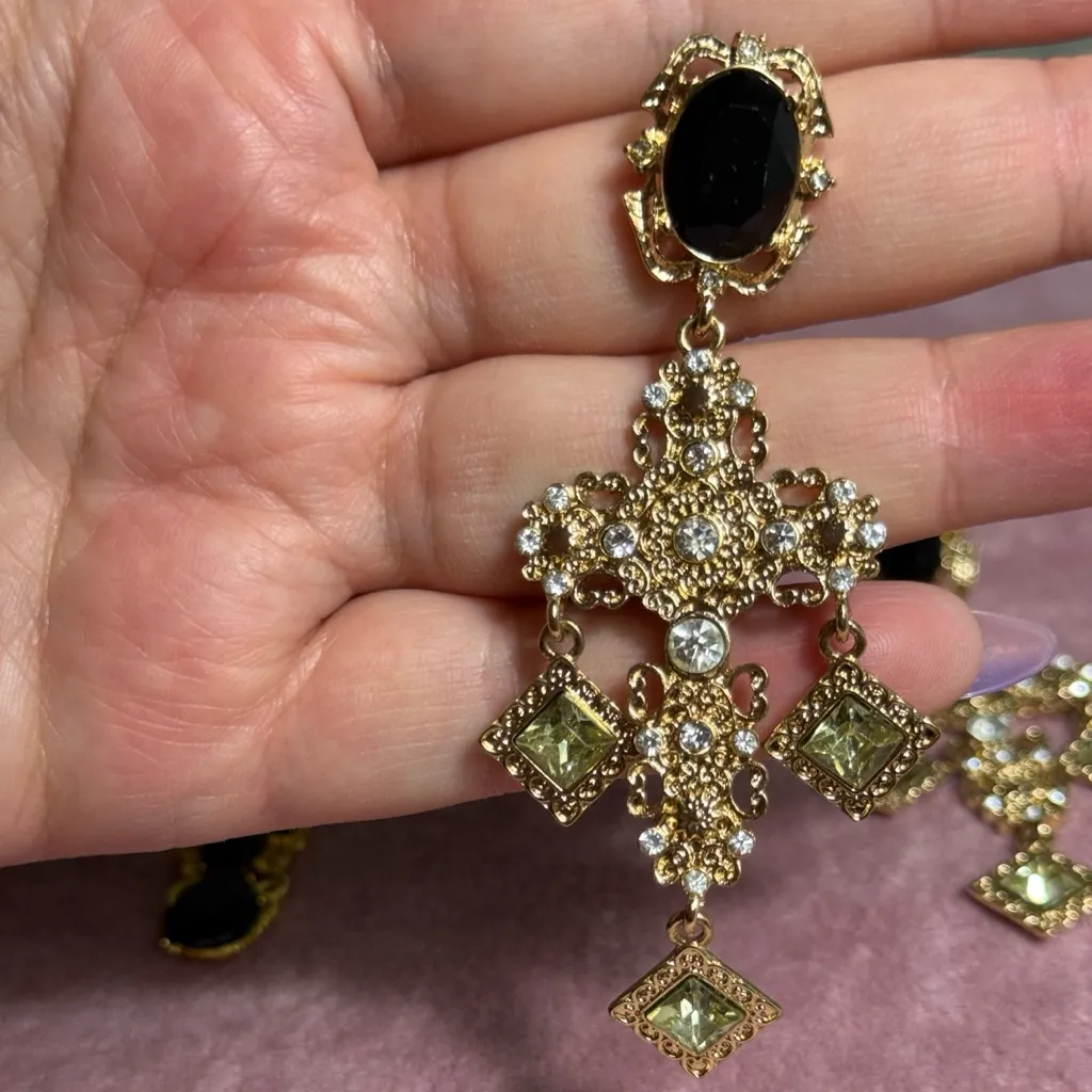 Lot of 2 Gold Rhinestone Cross Dangle Statement Earrings - Image 6