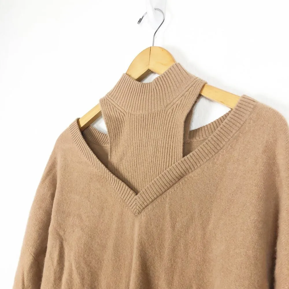 Naadam Cashmere Cutout Turtleneck Sweater Medium Tan Cozy Relaxed Oversized - Image 7