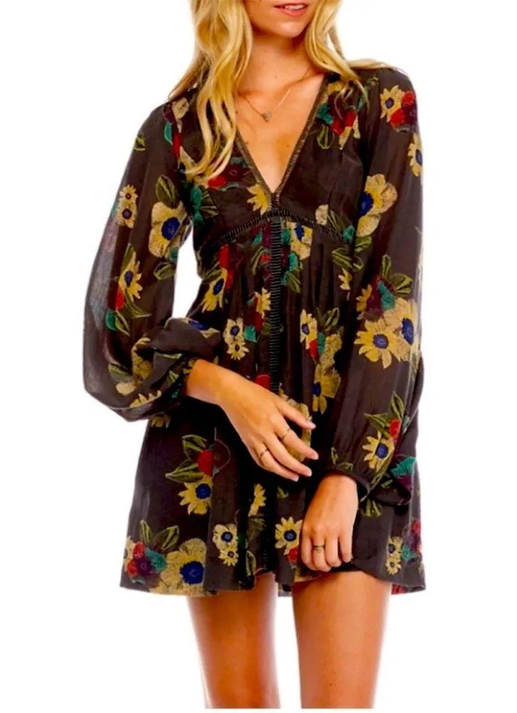 NWOT FREE PEOPLE Strawberry Fields Floral Tunic Dress Brown Long Sleeve Boho SM - Image 5