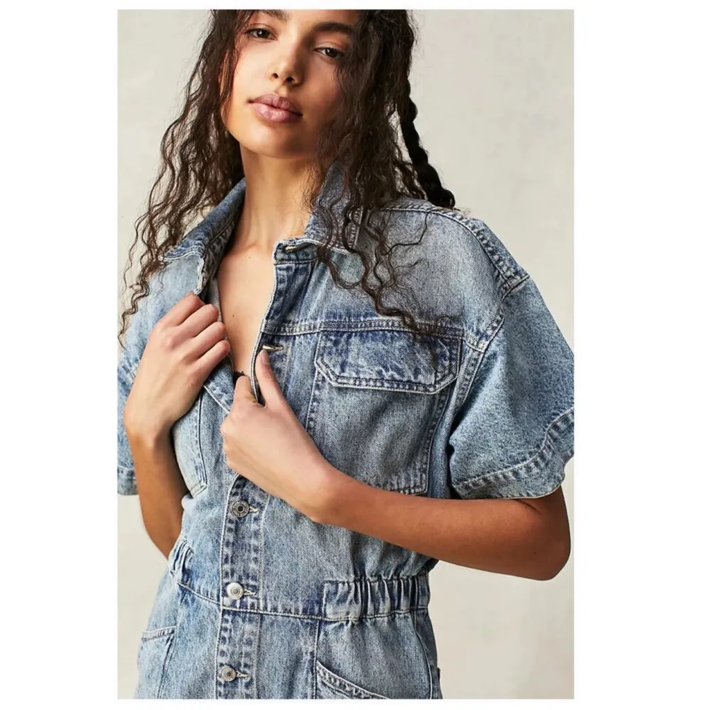 Free People We The Free Marci Shortalls Romper Blue Denim S - Image 3