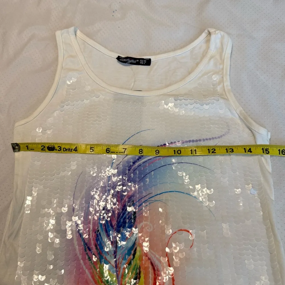 Boutiqua Paillette Sequins Tank Top Rainbow Feather EU Size 42 NEW w/ FLAW White - Image 7