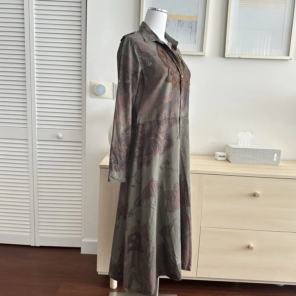 Desigual Dress Womens Medium Boho Military Embroidered Woodland Fairy Earthy - Image 4