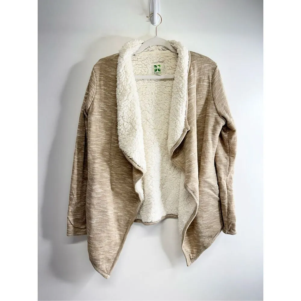 Green Tea Sherpa Lined Open Cardigan Tan Womens Size Medium Side Pockets - Image 2