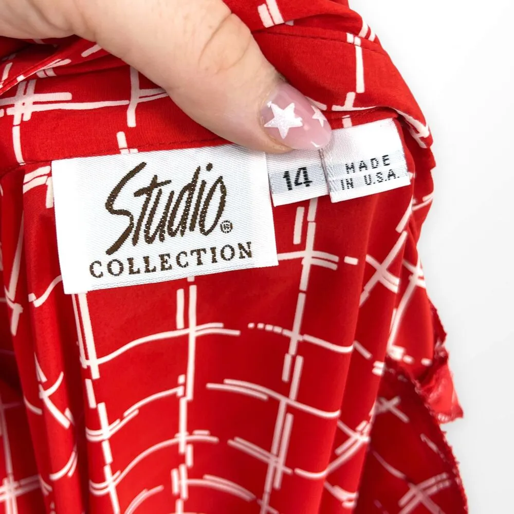 90s STUDIO COLLECTION Vintage Red White Check Button Up Shirt Scarf Set Size 14 - Image 8