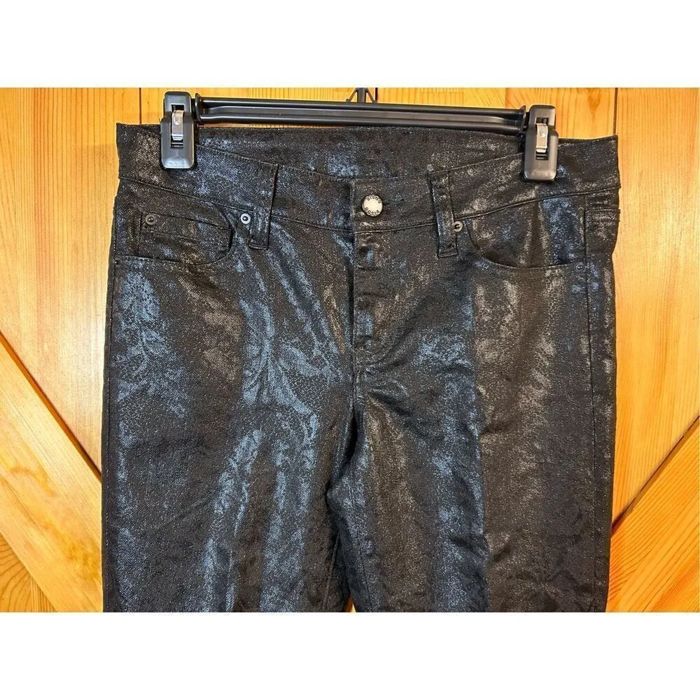 Bisou Bisou Michele Bohbot Size 4 Black Blue Shimmer Floral Skinny Denim Jeans ( - Image 3