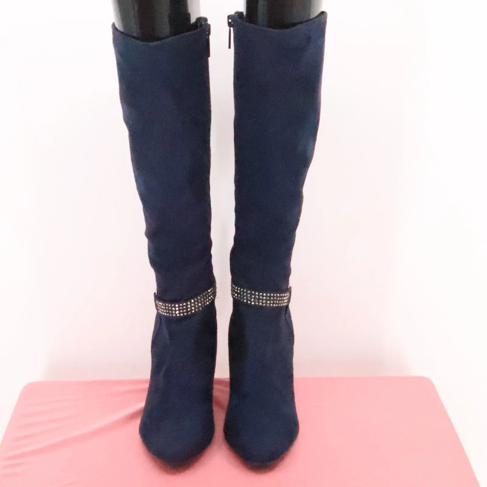 Impo Tristan Navy Blue Boots Vegan Suede Rhinestone Knee High Heels Glam Size 7M - Image 10