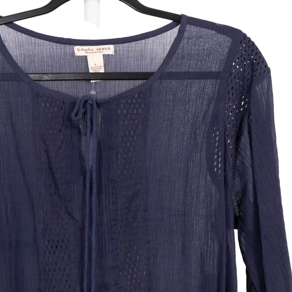 Studio West Peasant Blouse L Women NEW Blue Boho Sheer Crochet Tunic Bell Sleeve - Image 2