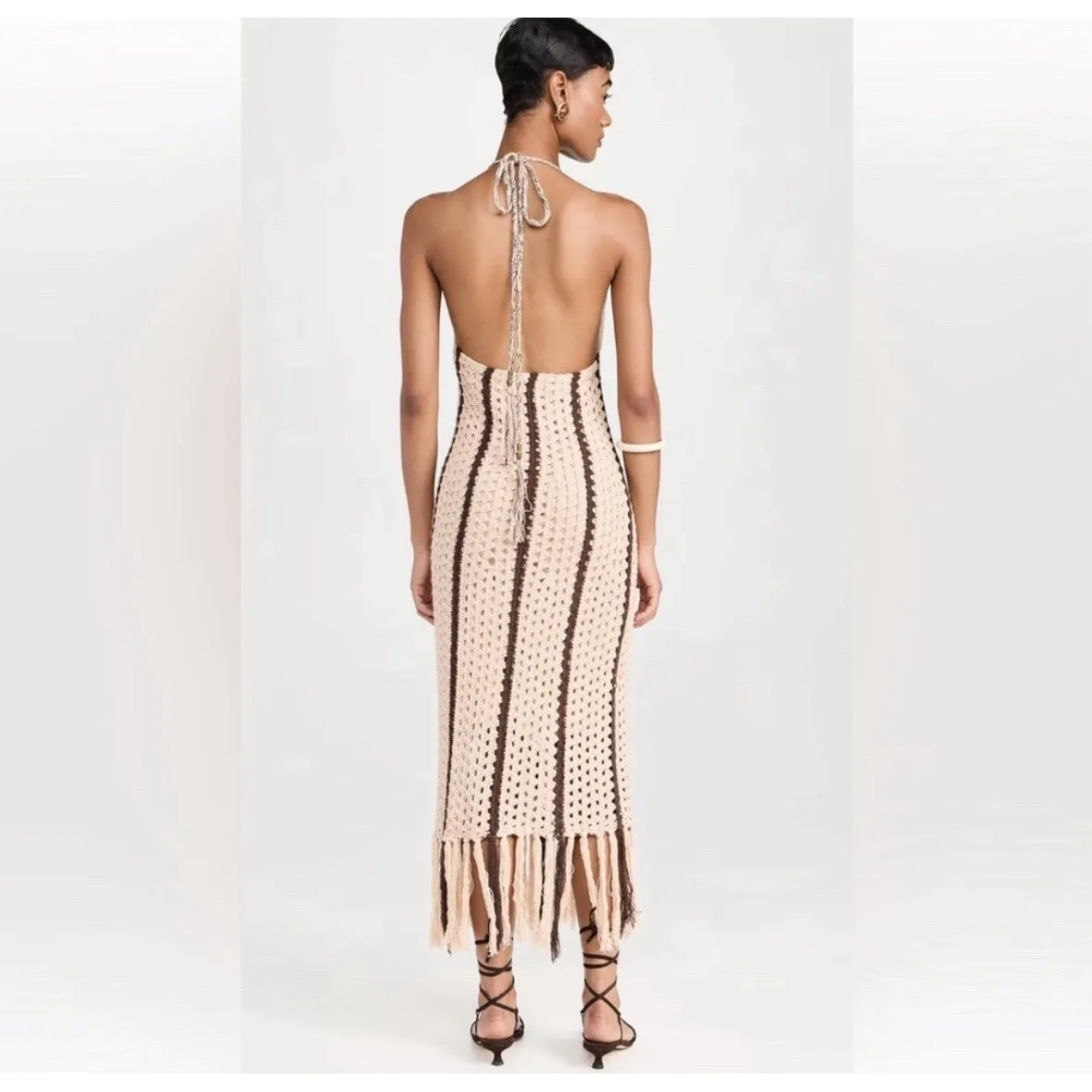 Moon River Brown Tan Striped Fringe Halter Sleeveless‎ Midi Dress Boho Size S - Image 2
