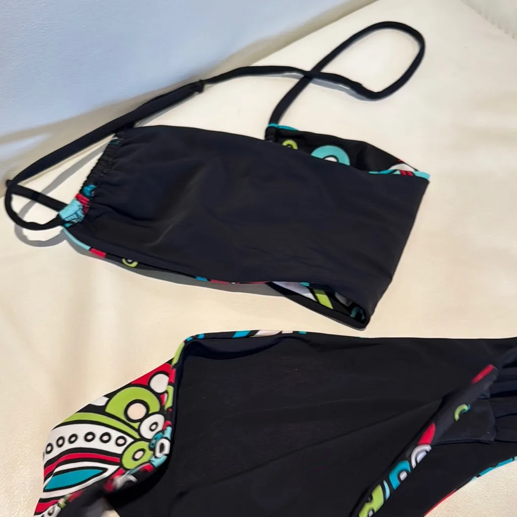 Women medium black Paisley strapless halter Bikini Set solid reversible - Image 4