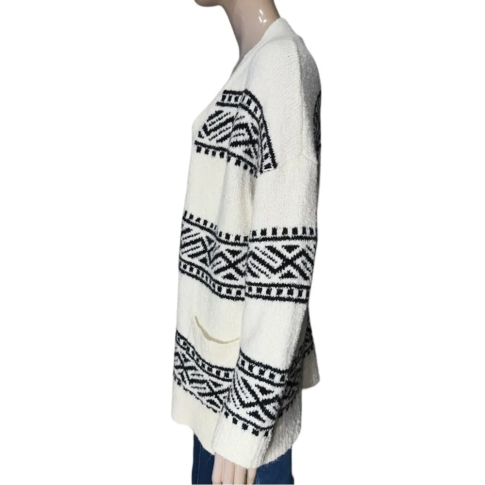 Joie Women’s XL White Black Aztec Intarsia Longline Open Front Sweater Cardigan - Image 3