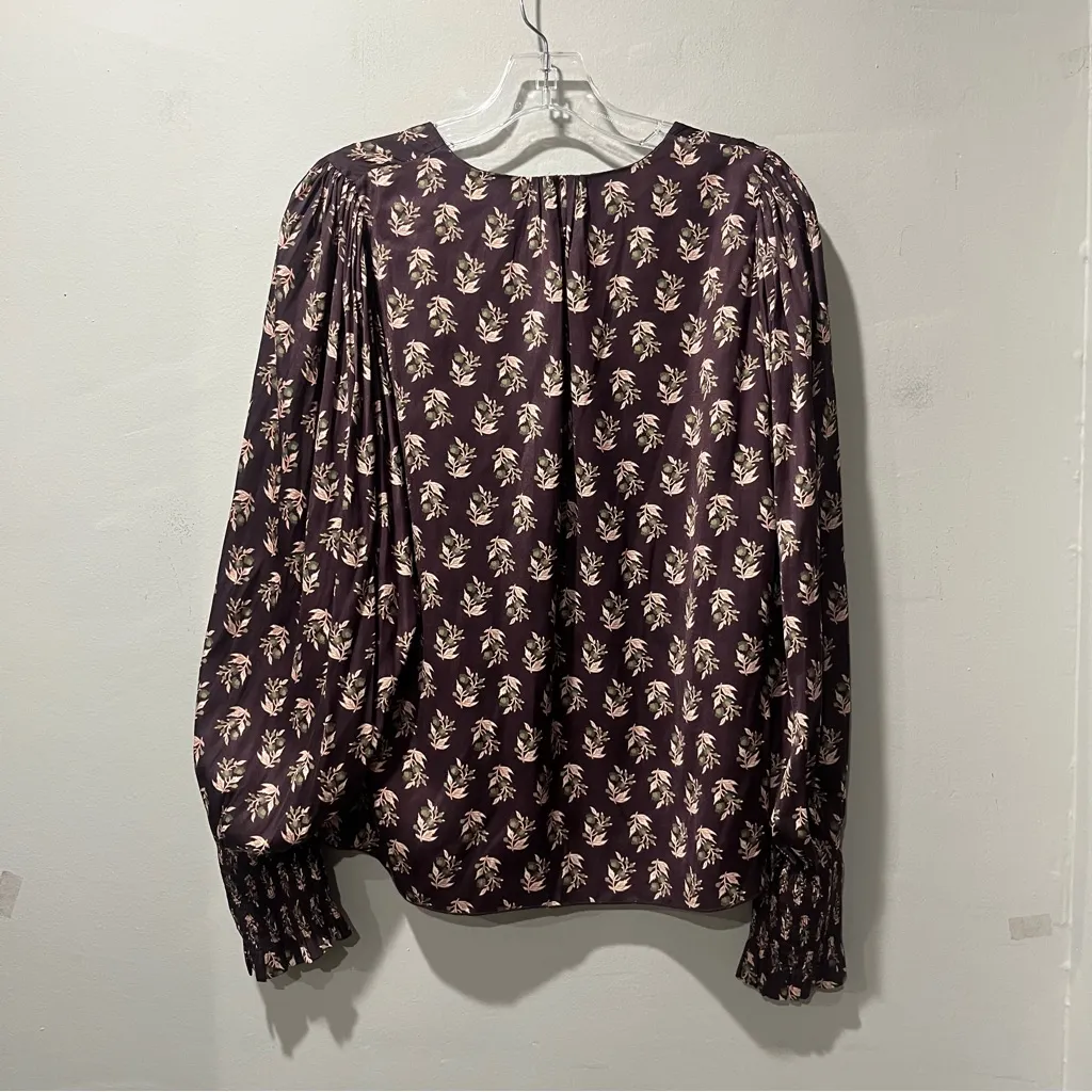 Rebecca Taylor Zia Fleur Printed Tie Top Size Large Maroon Floral V Neck Long Sl - Image 10