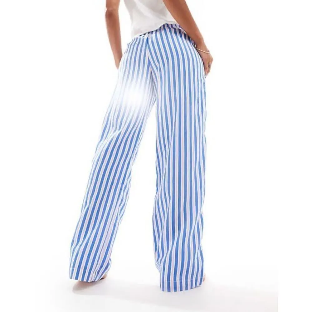 Bershka tie waist wide leg linen look trousers in blue & pink stripe Size M - Image 4