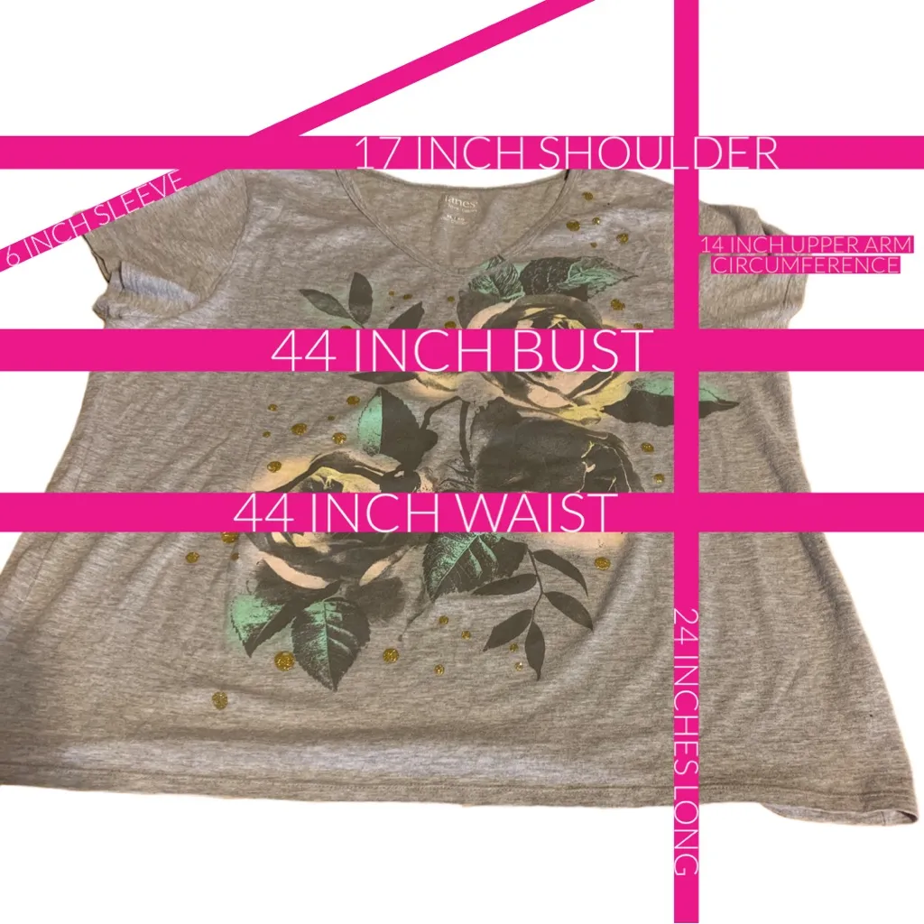 HANES GRAY AND PINK FLORAL PRINT W/GLITTER ACCENTS TEE SHIRT (XL) - Image 8