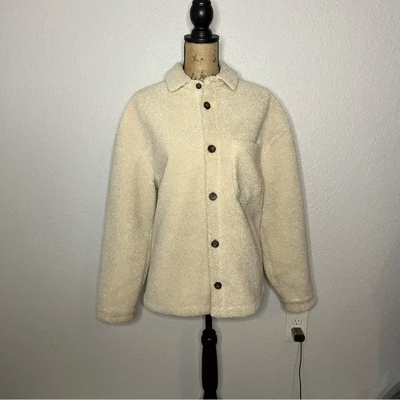 Zara Womens Cream Relaxed Fit Sherpa Long Sleeve Button Up Shacket sz S/M - Image 6