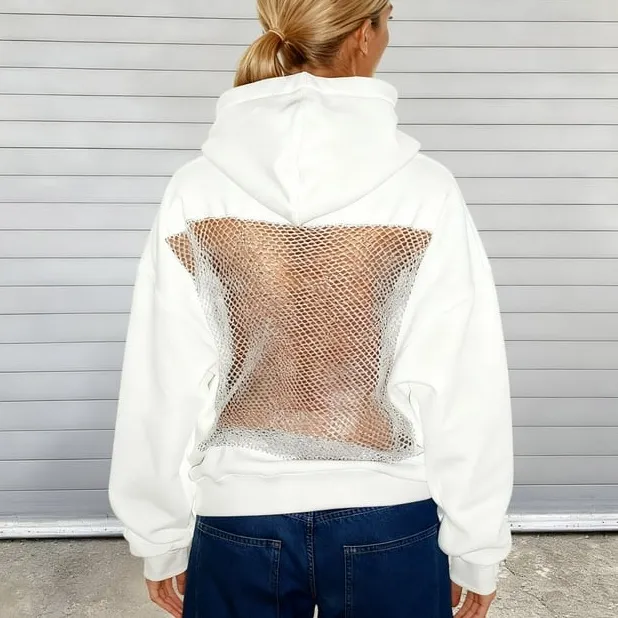 White Hoodie with Open Fishnet Mesh Back Size M - Image 16