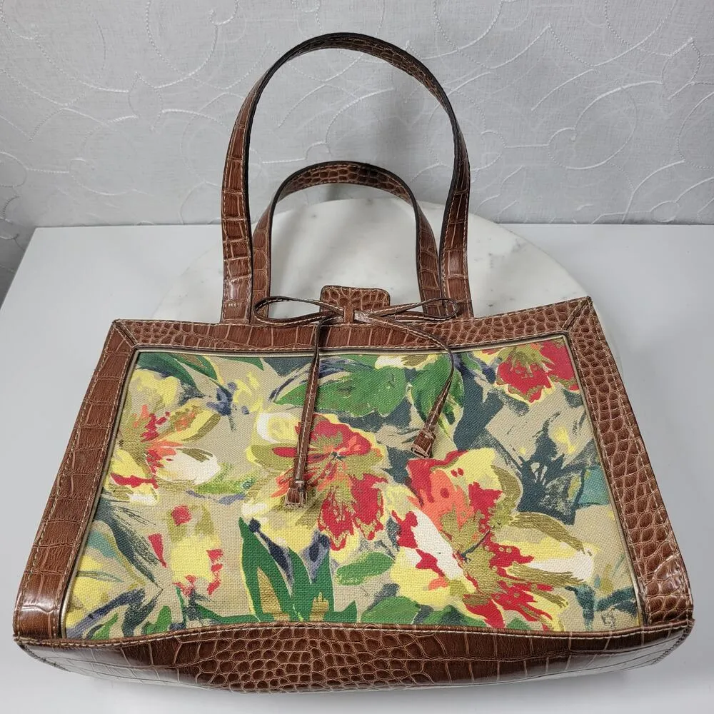 Liz Claiborne Satchel Bag Med Floral Cotton Faux Leather Embossed Alligator - Image 15