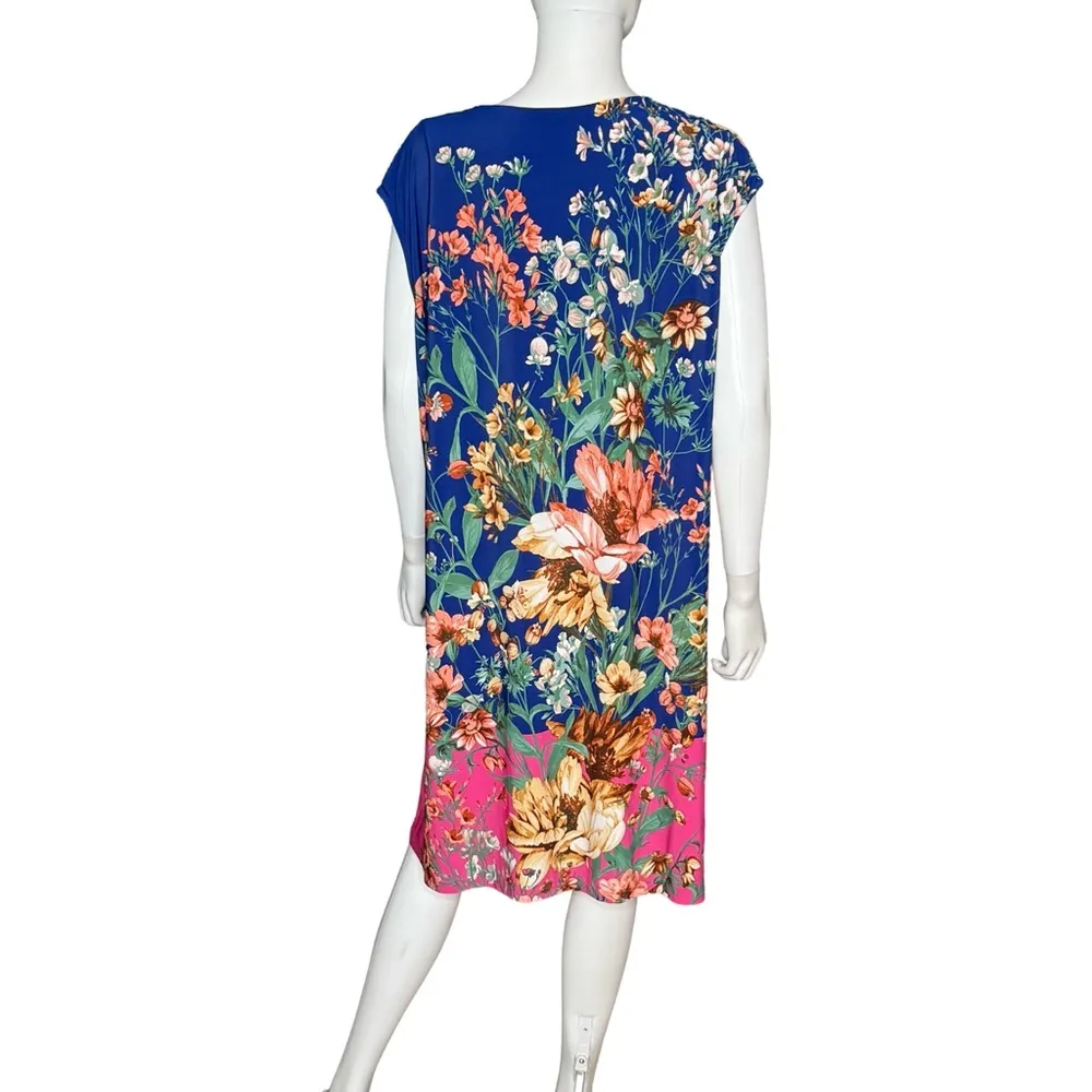 London Times Plus Size Printed Split-Neck Shift Dress Royal/Pink Women’s Sz 2X - Image 6