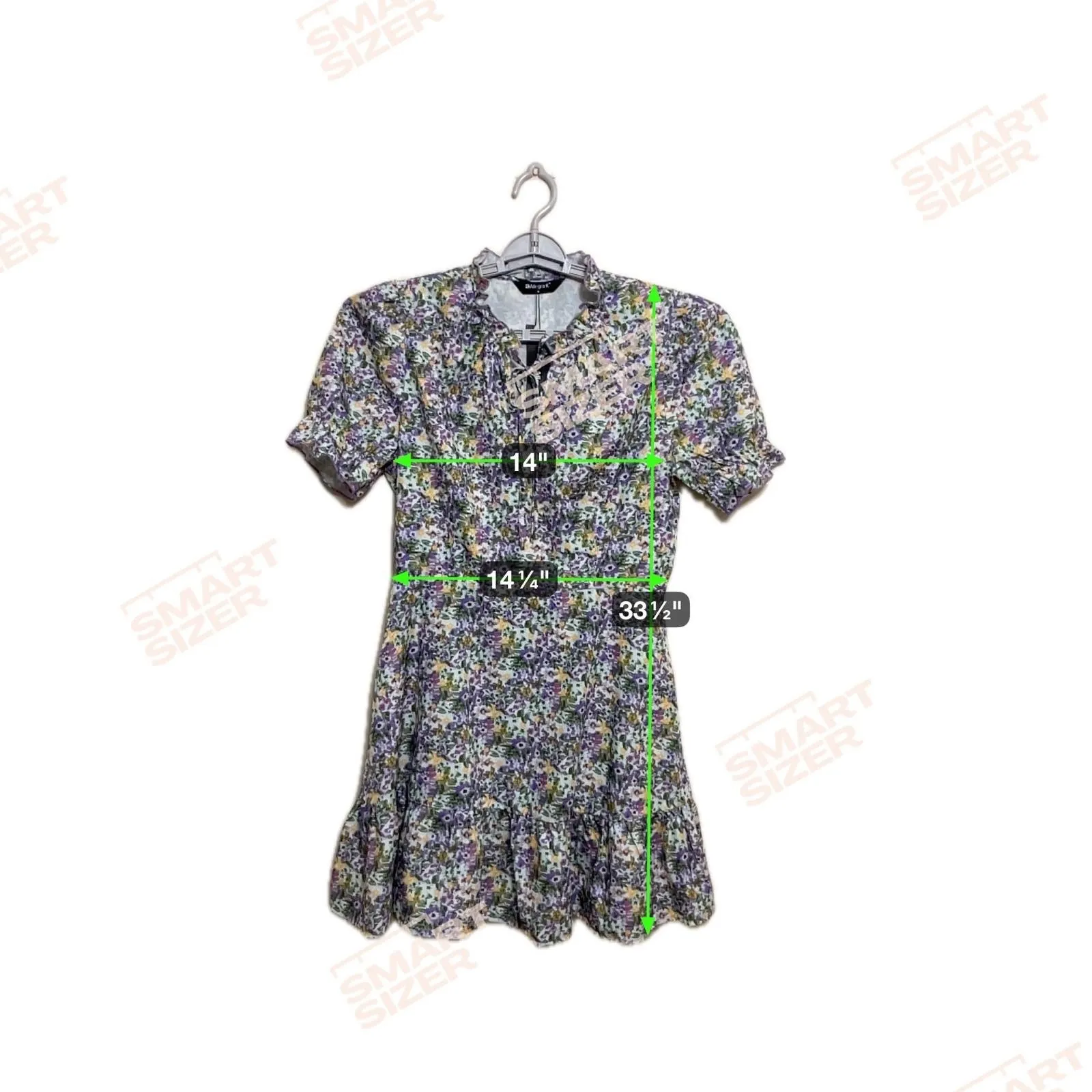 Allegra‎ Ruffle floral Chiffon Tie Neck Puff Short Sleeve women's smoke dress M - Image 13