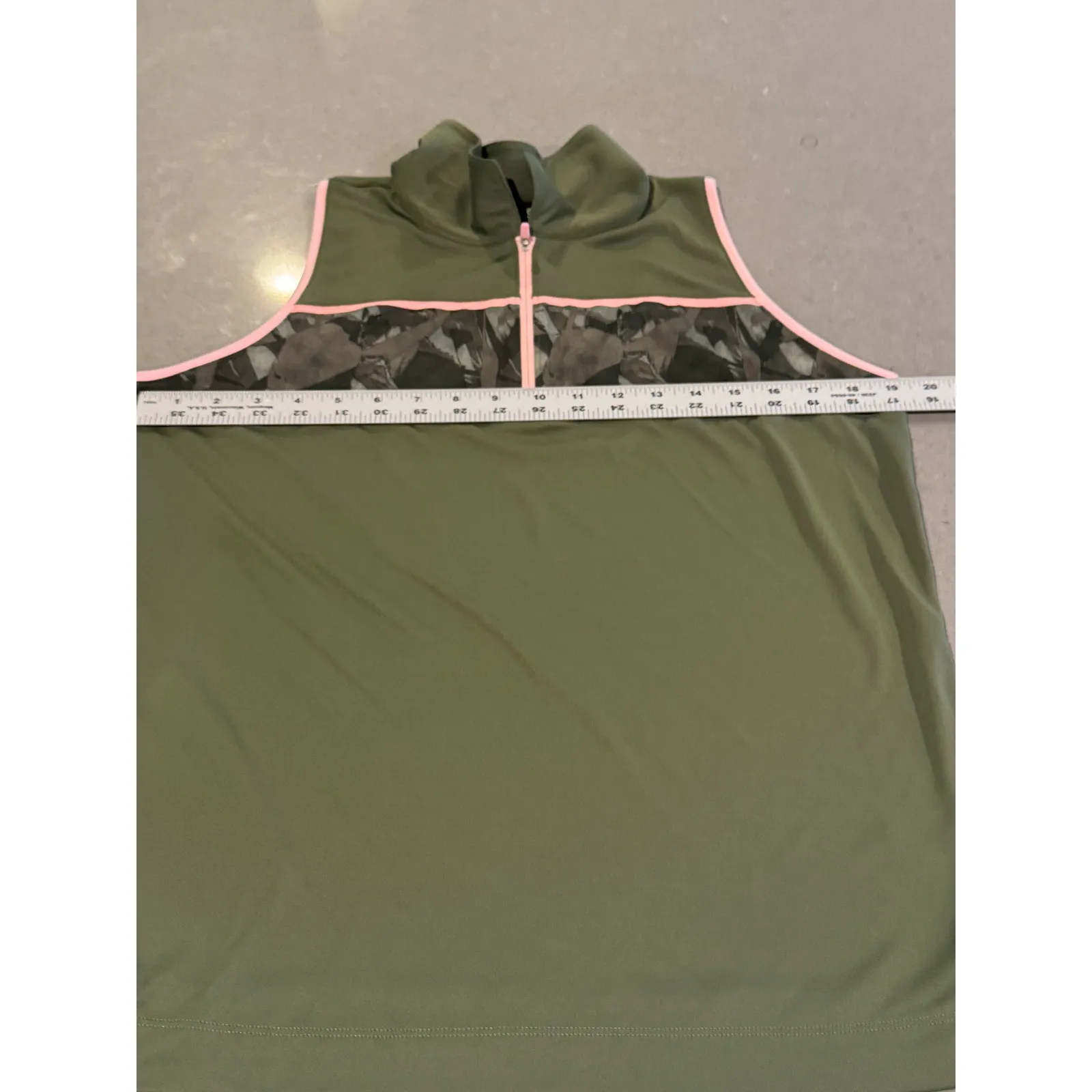 Slazenger Womens Golf Sleeveless Polo Shirt Olive Green Pink Trim Camo Size L - Image 3