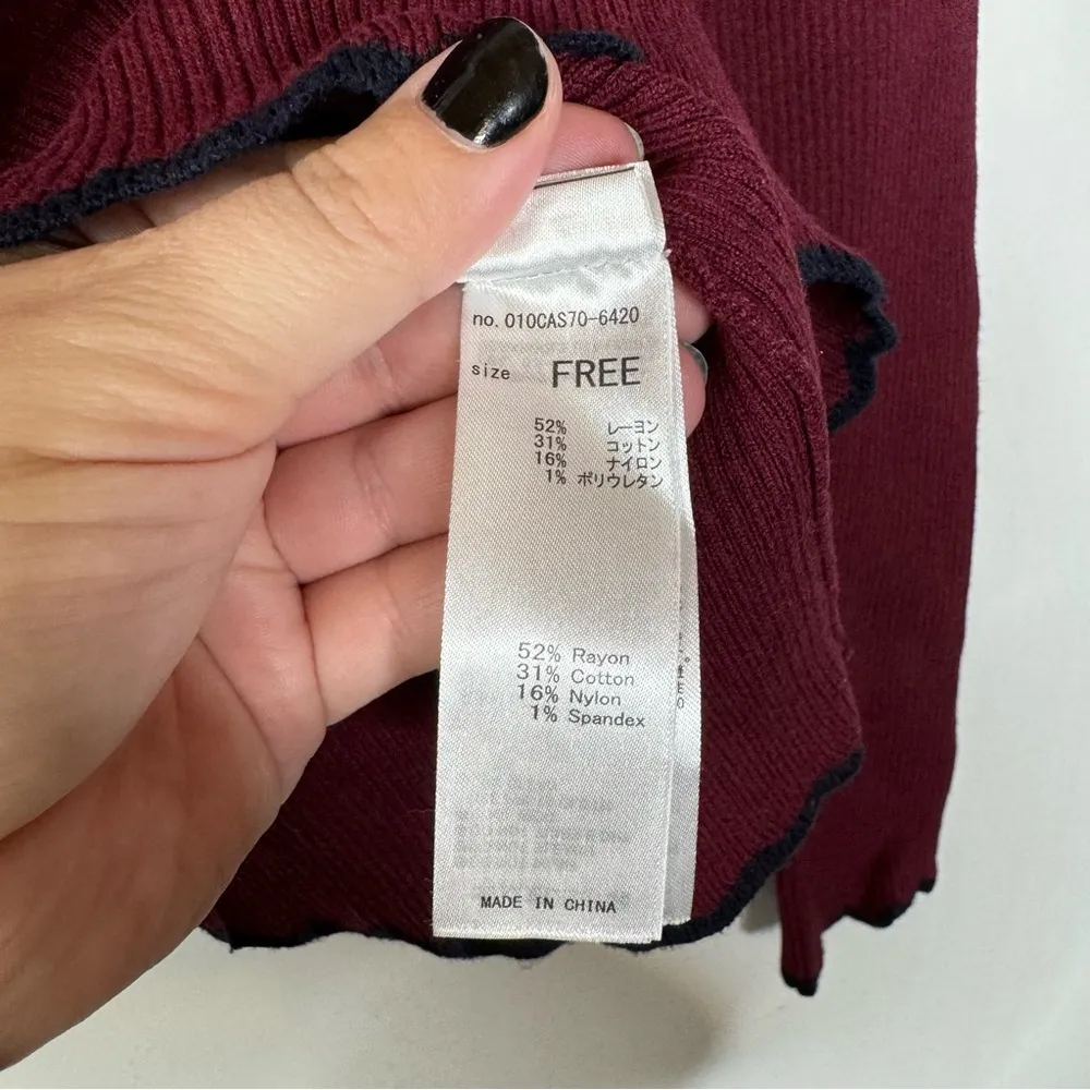 Mousy Maroon Ribbed Cropped Scalloped Edge Sweater Red - Image 4