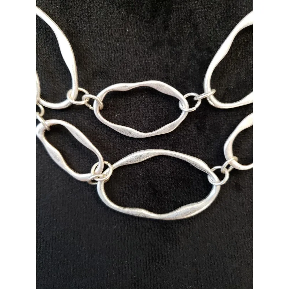Silver Tone Hammered Link Statement Necklace Layered Geometric Chain Choker - Image 3