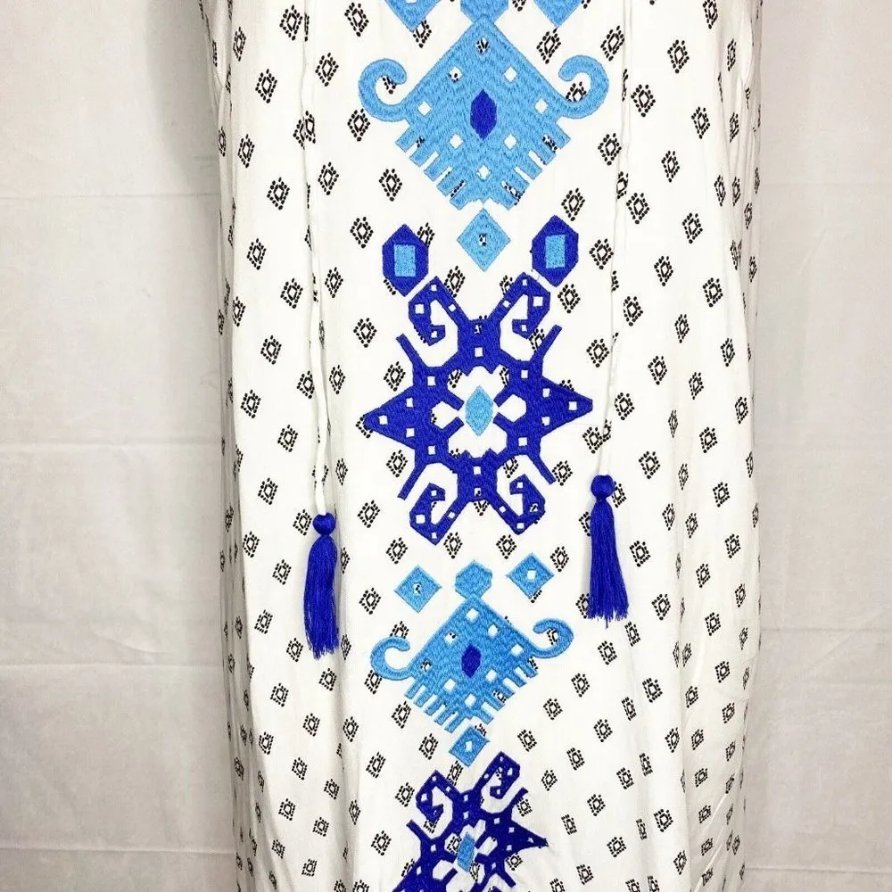NWT THML Sundress Embroidered White Blue Sleeveless Size XS Lined Tassels - Image 3