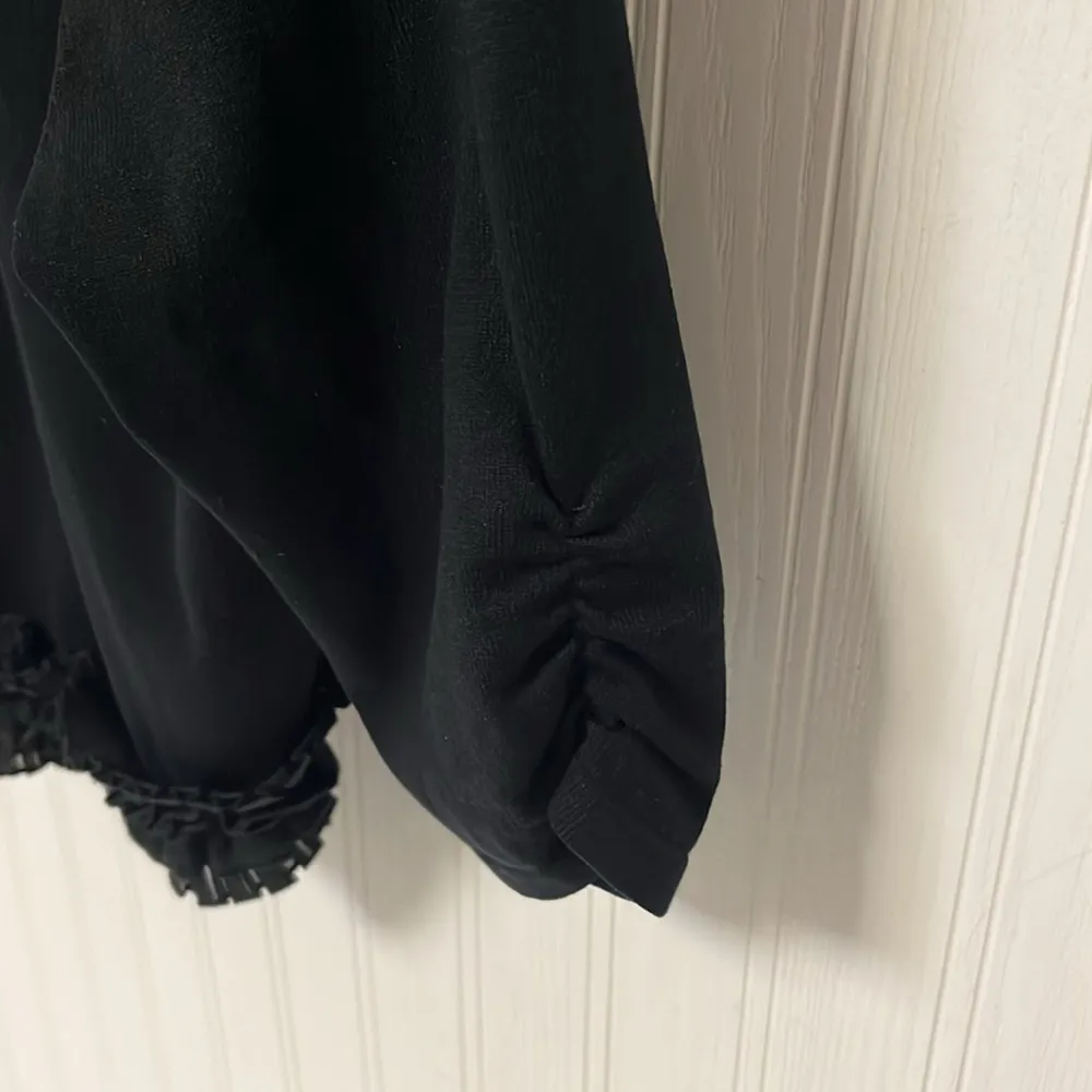 White House Black Market Black Ruffled Open Front Silk Sweater - Image 7