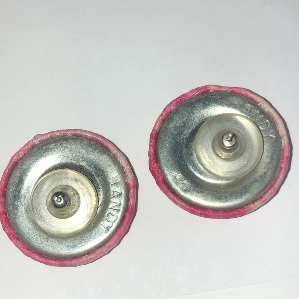 Pink and White Fabric Button Earrings - Image 2