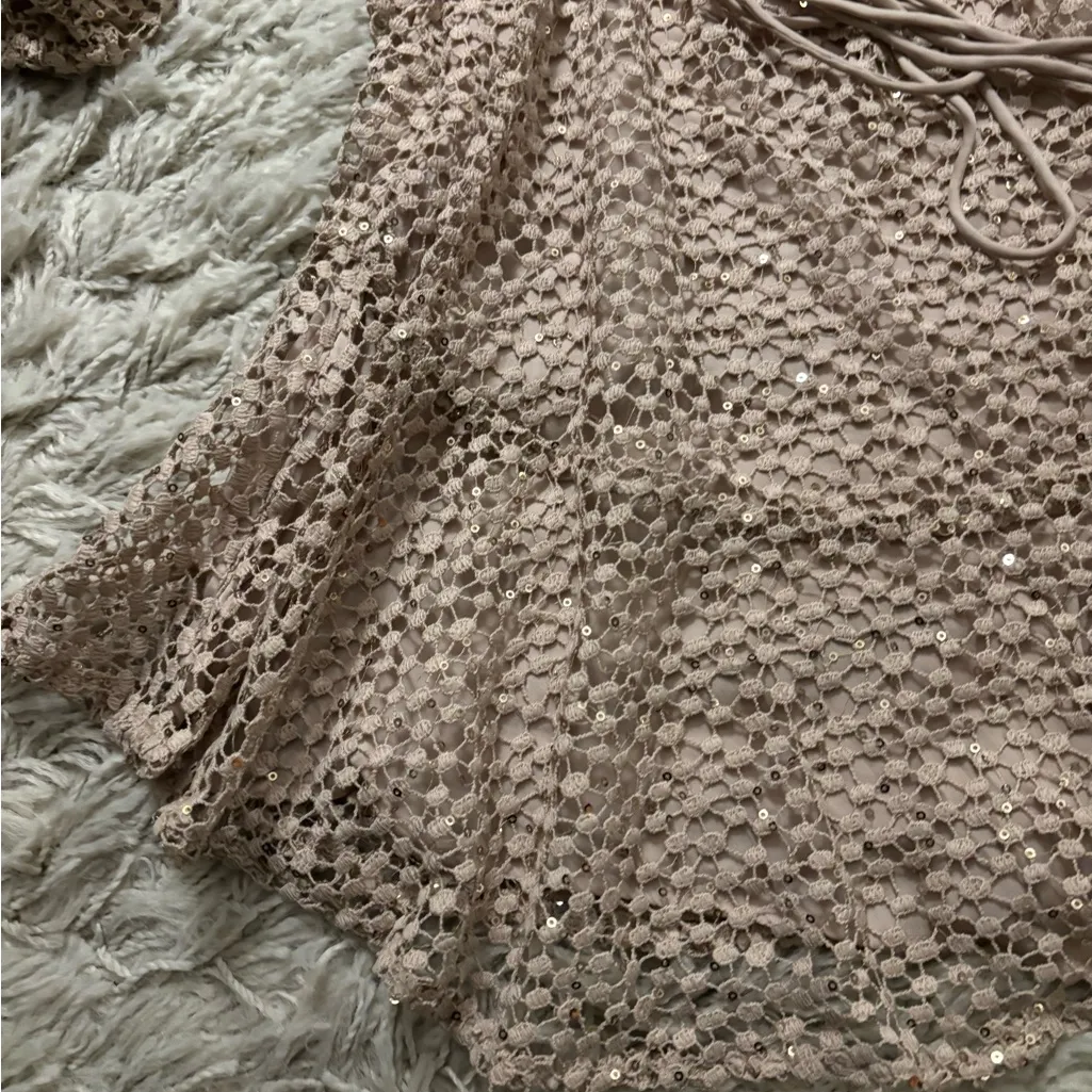 Free People Kaya Sequin Lace Mini Long Sleeve Dress in Beige Size S - Image 6