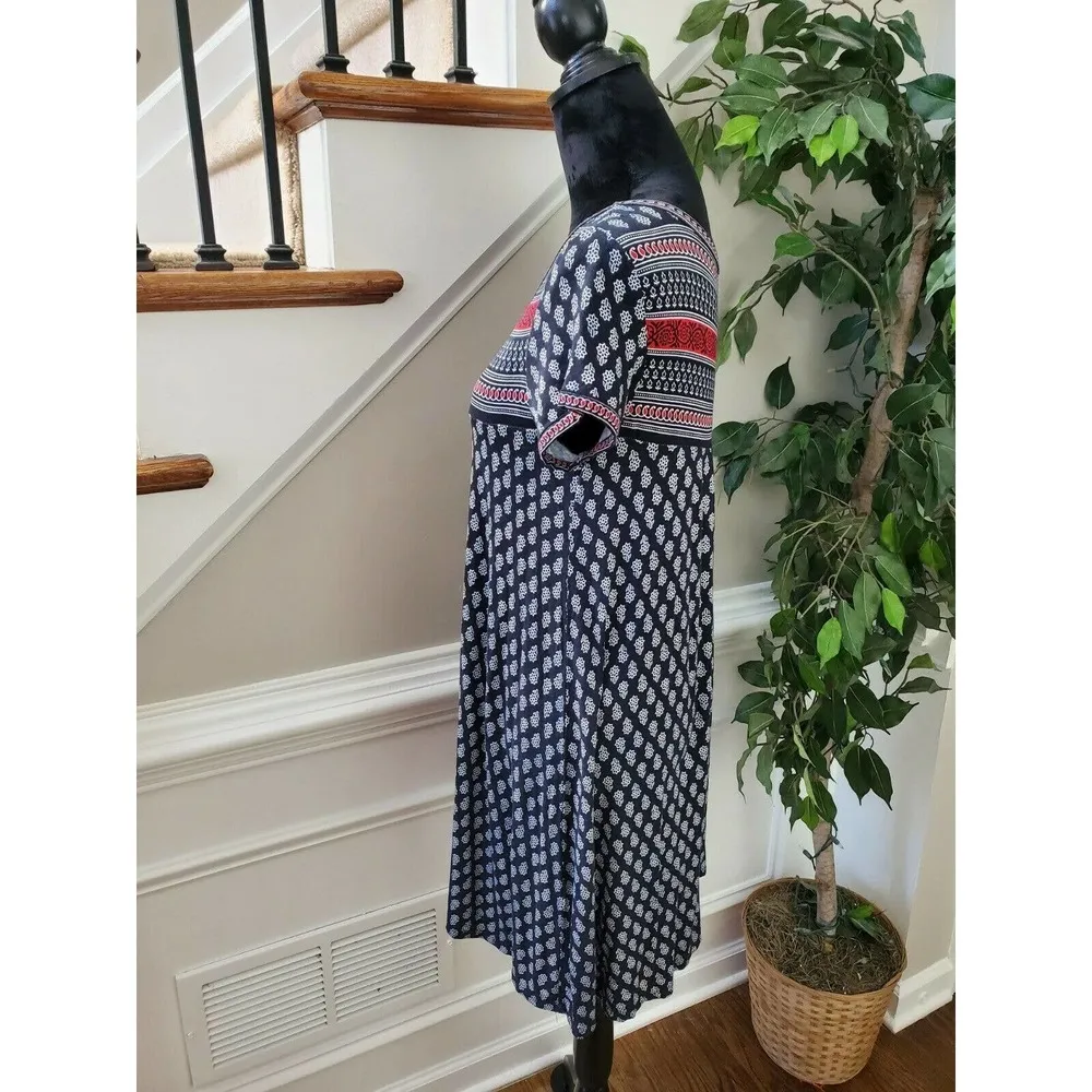 Max Edition Women Blue Floral Rayon Round Neck Short Sleeve Knee Length Dress S - Image 6