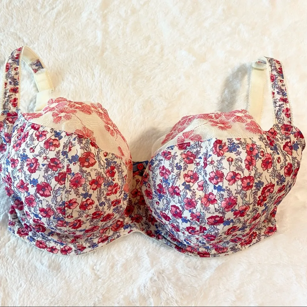 Cleo by Panache Cream & Pink Floral Lace Balconnet Bra Size 28J - Image 5